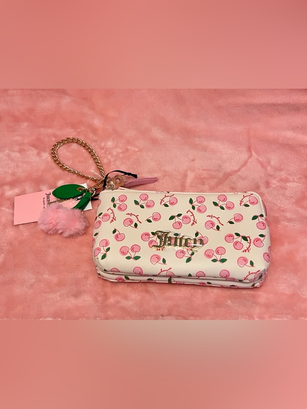Juicy Couture Light Pink Cherry Wallet with Gold Logo and Pink Cherry Keychain